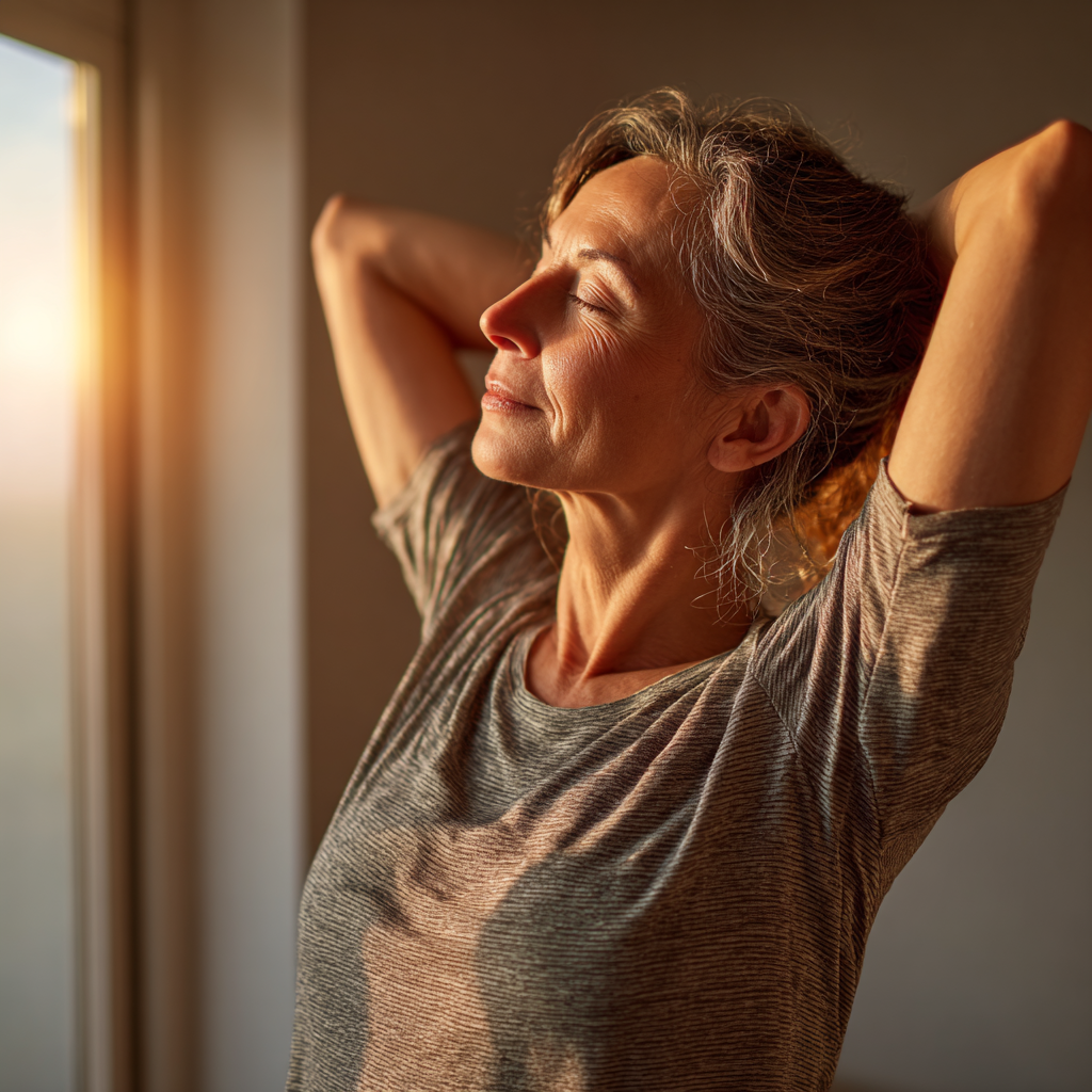 Middle-aged woman stretching in peaceful morning light
