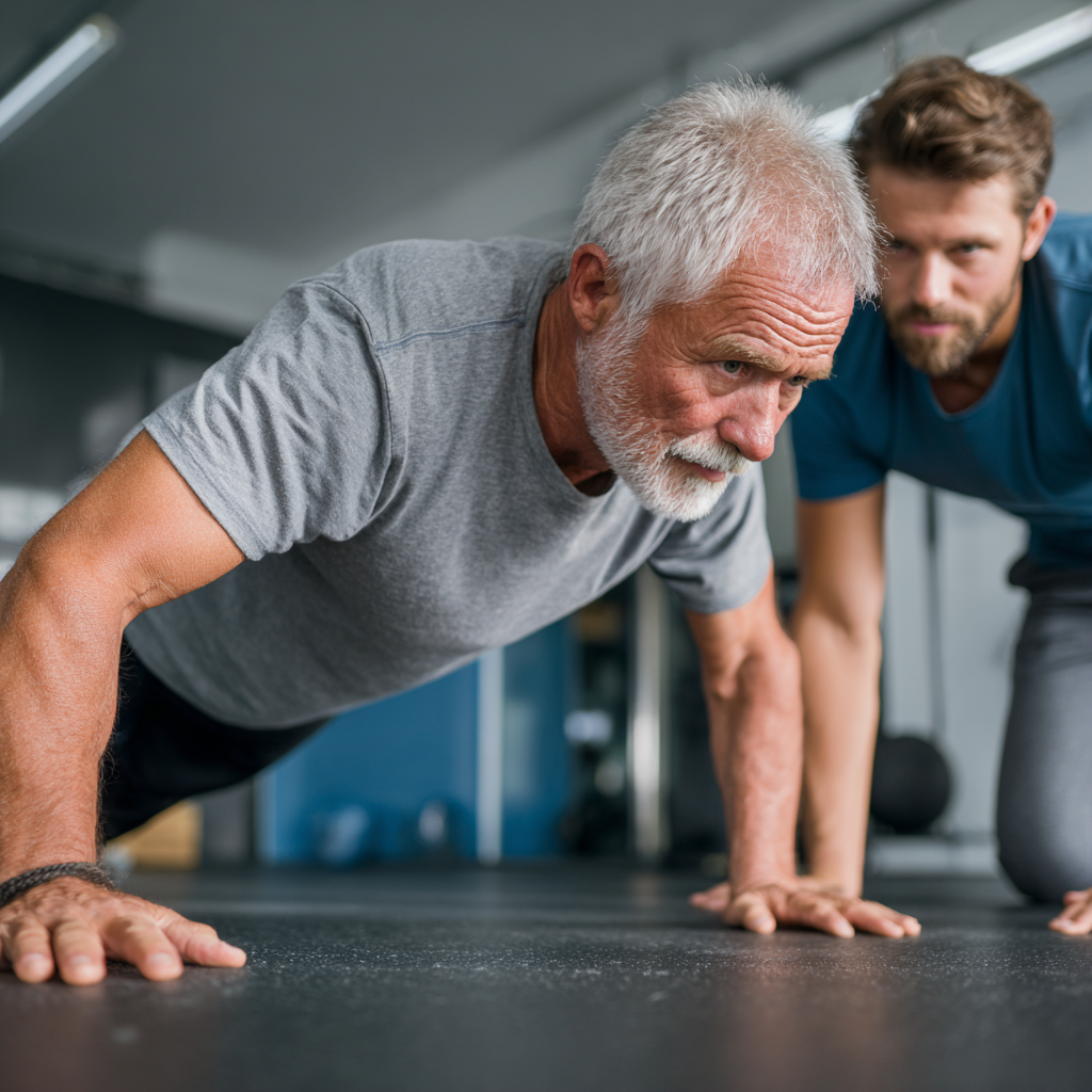Senior man doing functional exercises with professional trainer guidance